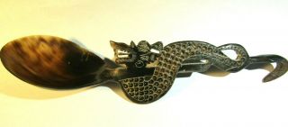 Antique Hand Carved Chinese Dragon Serving Spoon With Hook Water Buffalo Horn