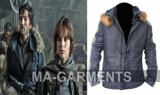 Star Wars Rogue One Fur Detachable Hood Vintage Celebrity Leather Jacket