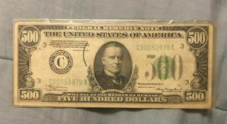 1934 A 500$ U.  S.  Federal Reserve Note Fine/vf Serial C00051979 Rare