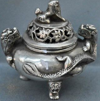 Exorcism Old Collectable Miao Silver Carve Dragon Play Lion Pray Incense Burner