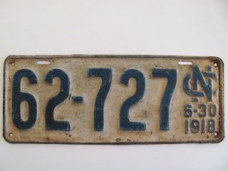 1918 North Carolina Nc License Plate Tag (62 - 727),  Vintage,  Rare,  Collect