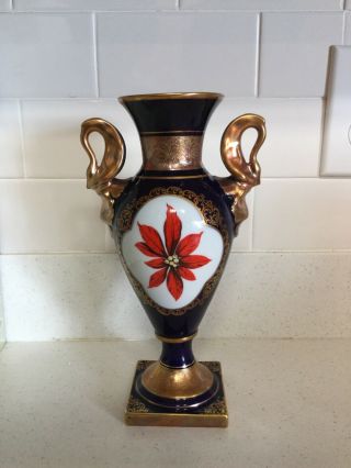 Vintage Linder Kueps Bavaria 10 " Cobalt Blue Porcelain Vase Gold Trim Christmas