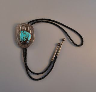 Vintage Navajo Silver Bolo Tie - Handstamped Bear Paw 1.  5 " Turquoise Stone