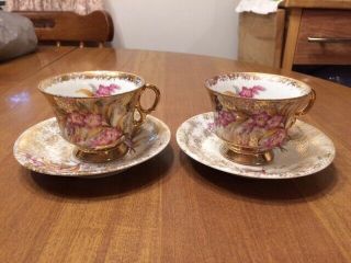 Vintage/antique Gold Trim Tea Cups & Saucers - Gold Speckled/floweres - Set Of 2