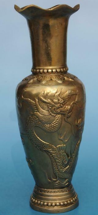 Chinese Old Copper Handwork Carving Dragon And Phoenix Pattern Vase E01