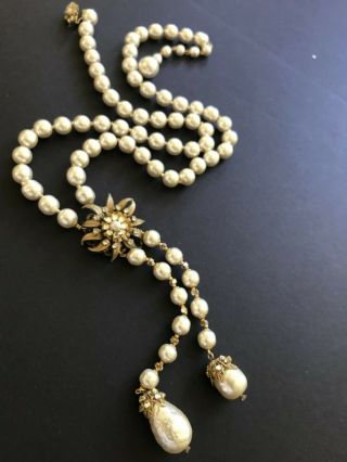 Sign Miriam Haskell Large Baroque Pearls Rhinestone Necklace Jewelry 28” Long