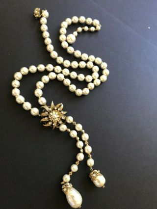 Sign Miriam Haskell Large Baroque Pearls Rhinestone Necklace Jewelry 28” Long 2