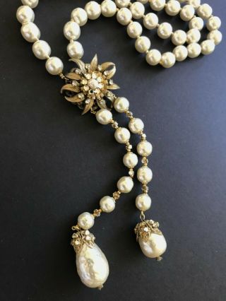 Sign Miriam Haskell Large Baroque Pearls Rhinestone Necklace Jewelry 28” Long 3