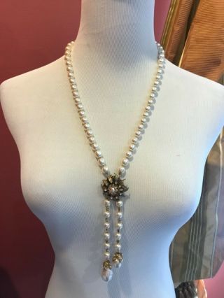 Sign Miriam Haskell Large Baroque Pearls Rhinestone Necklace Jewelry 28” Long 5