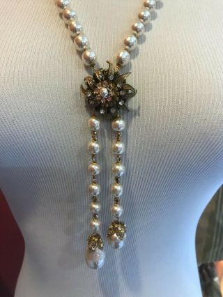Sign Miriam Haskell Large Baroque Pearls Rhinestone Necklace Jewelry 28” Long 6