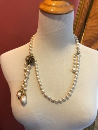 Sign Miriam Haskell Large Baroque Pearls Rhinestone Necklace Jewelry 28” Long 7