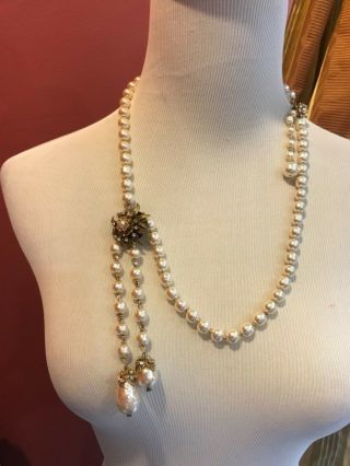 Sign Miriam Haskell Large Baroque Pearls Rhinestone Necklace Jewelry 28” Long 8