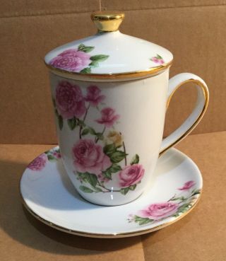 Handmade Tea Cup With Cover And Saucer With Real Gold Rim.