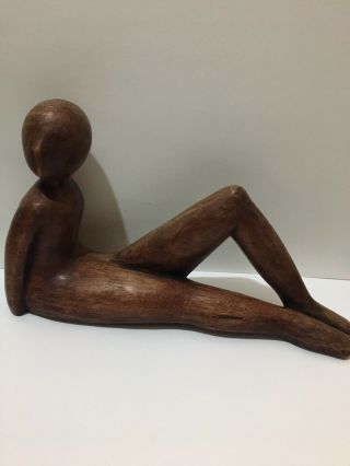 Hand Carved Wood Nude Woman Art Sculpture Figurin 7 " Tall X 12 1/2 " Long