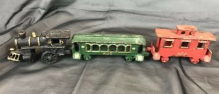Set Of 3 Vintage Cast Iron Train Steam Engine Car Caboose Locomotive Toy Decor