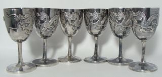 6 Antique Chinese Sterling Silver Cordial Cups EMBOSSED DRAGONS 234g 2