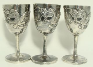 6 Antique Chinese Sterling Silver Cordial Cups EMBOSSED DRAGONS 234g 4