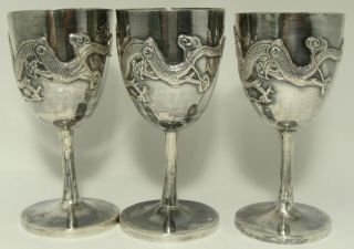 6 Antique Chinese Sterling Silver Cordial Cups EMBOSSED DRAGONS 234g 5