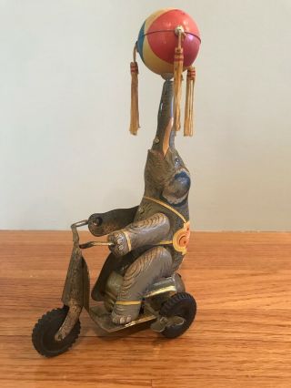 Vintage Metal/tin Elephant On Bike Wind - Up Toy