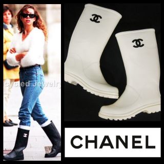 Rare Chanel Cc Logo White Rainboots Rain Boots Shoes 37