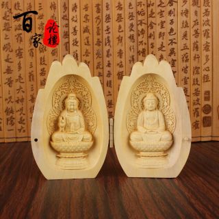 Boxwood Wood Carving Chinese Shakyamuni Amitabha Buddha Kwan Yin Statue Hand Box