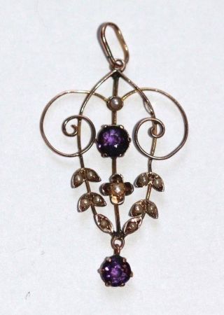 Edwardian seed pearl and amethyst 9 ct gold pendant antique art nouveau 2