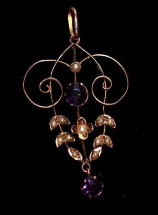 Edwardian seed pearl and amethyst 9 ct gold pendant antique art nouveau 3
