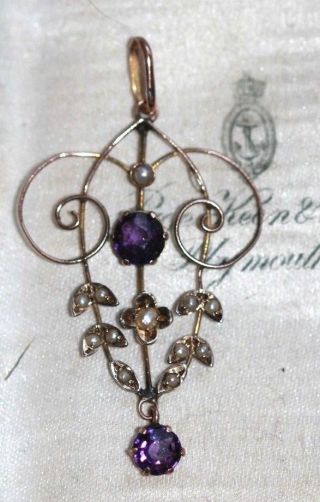 Edwardian seed pearl and amethyst 9 ct gold pendant antique art nouveau 4