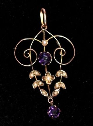 Edwardian seed pearl and amethyst 9 ct gold pendant antique art nouveau 6