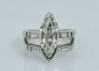 Art Deco 14k Marquise Diamond Engagement Ring Set Vintage White Gold Wedding Old