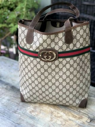 Auth Gucci Vintage Gg Plated Supreme Emblem Shopper/tote Bag