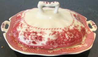 Vintage Red & White Individual Butter Dish With Crest On Bottom