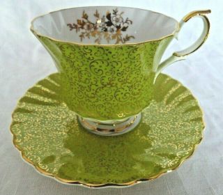 Queen Anne Bone China Tea Cup And Saucer Green With Gild Gold Trim,  Footed