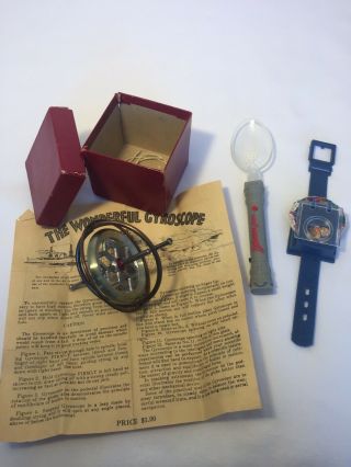 3 Vintage Toys Promo Captain Crunch Story Watch,  Indiana Jones Spoon,  Gyroscope