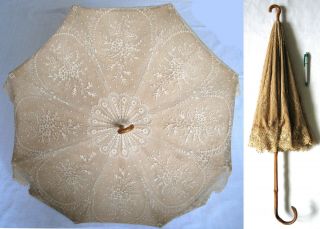 Antique Victorian Lace & Cotton Long Double Handled Parasol Umbrella C 1880 - 1900