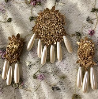 STANLEY HAGLER N.  Y.  C.  Gold Baroque Pearl Brooch Pin / Earrings Set Seed Pearls 4
