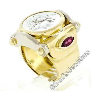 Vintage Heavy 18k Yellow Gold Marquise Ruby Greek Silver Coin Cocktail Band Ring 2