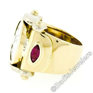 Vintage Heavy 18k Yellow Gold Marquise Ruby Greek Silver Coin Cocktail Band Ring 7