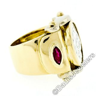 Vintage Heavy 18k Yellow Gold Marquise Ruby Greek Silver Coin Cocktail Band Ring 8