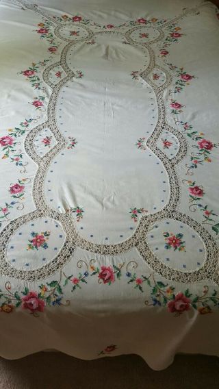Vtg Hand Embroidered,  Crocheted Table Cloth.  Beige W/pink,  Yellow,  Blue Flowers