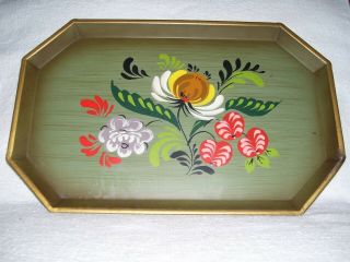 Vintage Nashco Metal Tray Hand Painted Tole Floral On Sage/olive Green Gold Trim