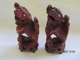 Antique 19c Chinese Pr Foo Dog Lions W/ Glass Eyes Hand Carved Rose Wood