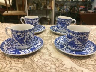 Antique Vintage Set Of Four Dragon Espresso Tea Cups Set Fantasy Blue White