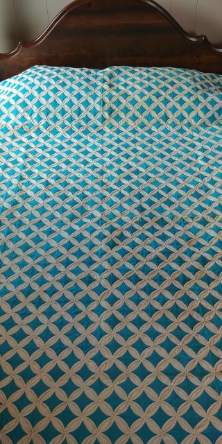 Vintage 1965 Handstitched Cathedral Window Quilt,  Turquoise & Ivory,  Exceptional