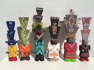 Six Vintage Hopi Route 66 Kachinas With Hand Painted Tableta 1950 - 1960