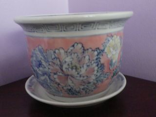 Fab Vintage Chinese Many Flowers Design Plant Pot & Saucer 15 Cms Diameter