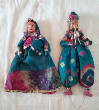 2 Vintage Marionette String Puppets India Man & Women Colorful Clothe Handmade