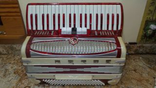 Vintage Red & White Pearl Accordion,  5 Treble Shifts,  Sounds Great