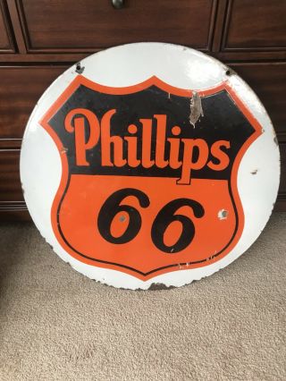 Extremely Rare Phillip 66 Double Sided Porcelain Curb Sign White Backgroun 29.  5”