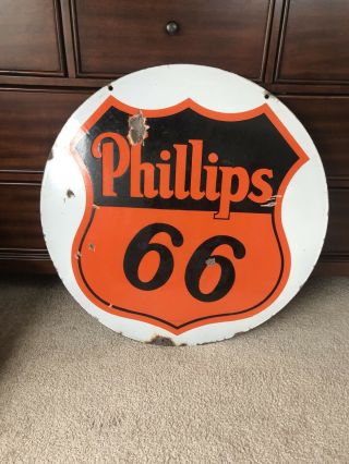 Extremely Rare Phillip 66 Double Sided Porcelain Curb Sign White Backgroun 29.  5” 2